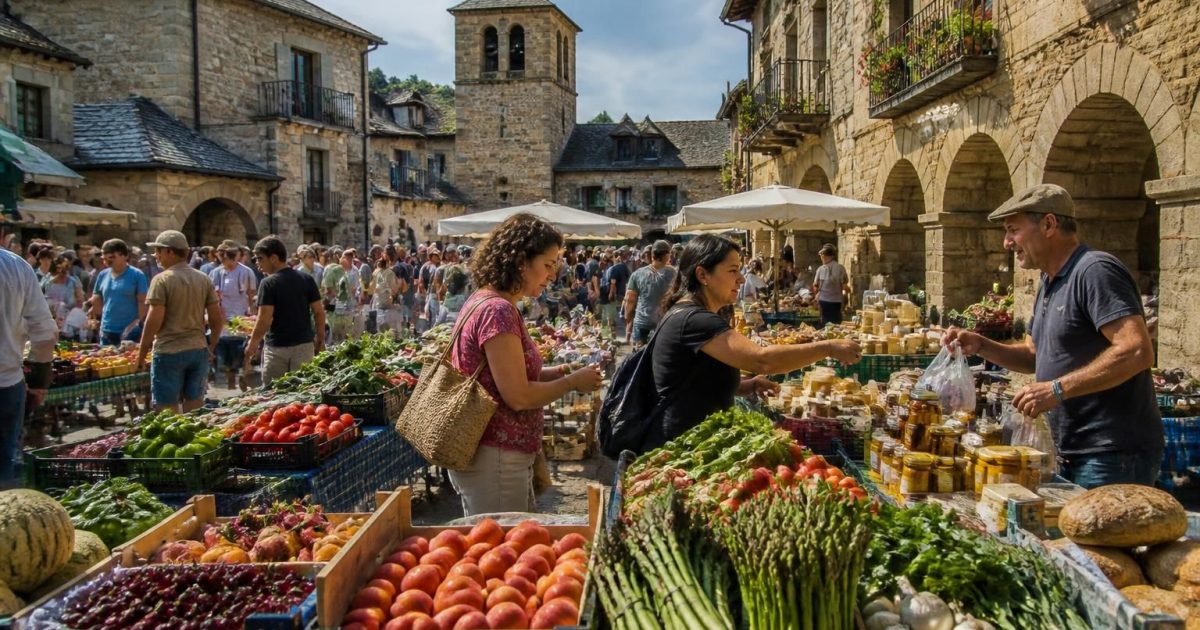 Quel jour se tient le marché d’Aínsa et que peut-on y trouver selon la saison ?