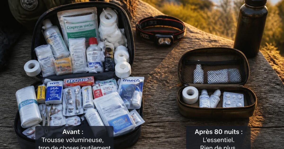 Trousse premiers secours bivouac : ce que j&rsquo;ai vraiment utilisé sur 80 nuits (vs ce que je portais)